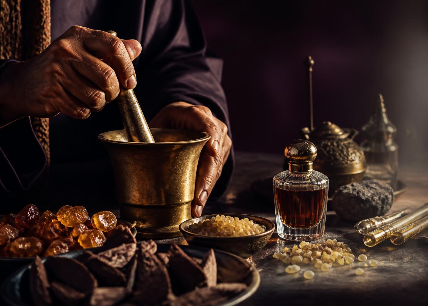 Artisan blending amber, oud, and frankincense by hand